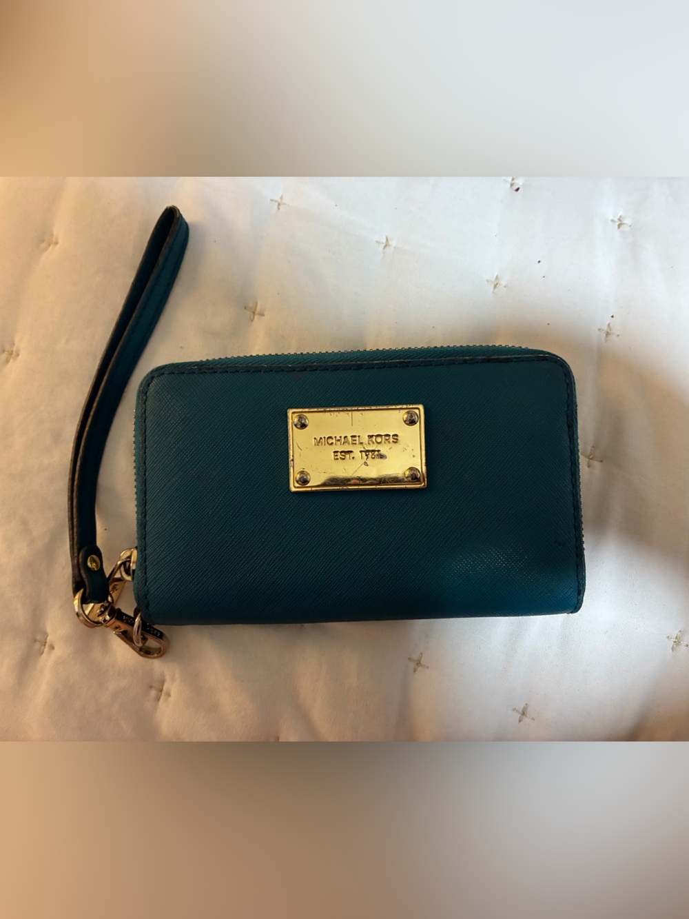 Michael Kors Teal Zip-Around Wristlet with Gold Plate